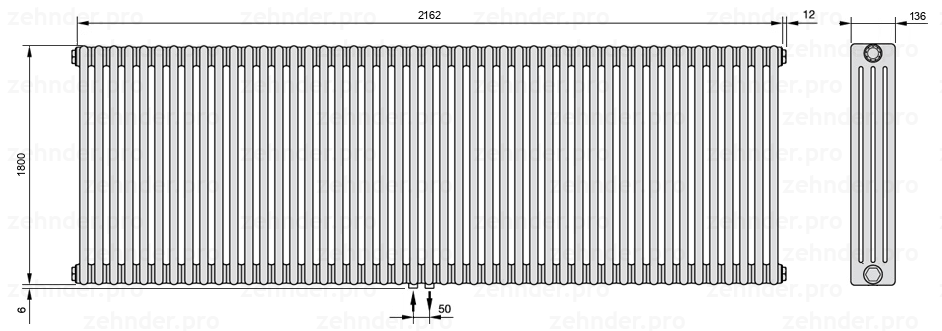Схема (чертеж) Радиатор Zehnder Charleston 4180/47 №3470 Белый глянцевый RAL 9016
